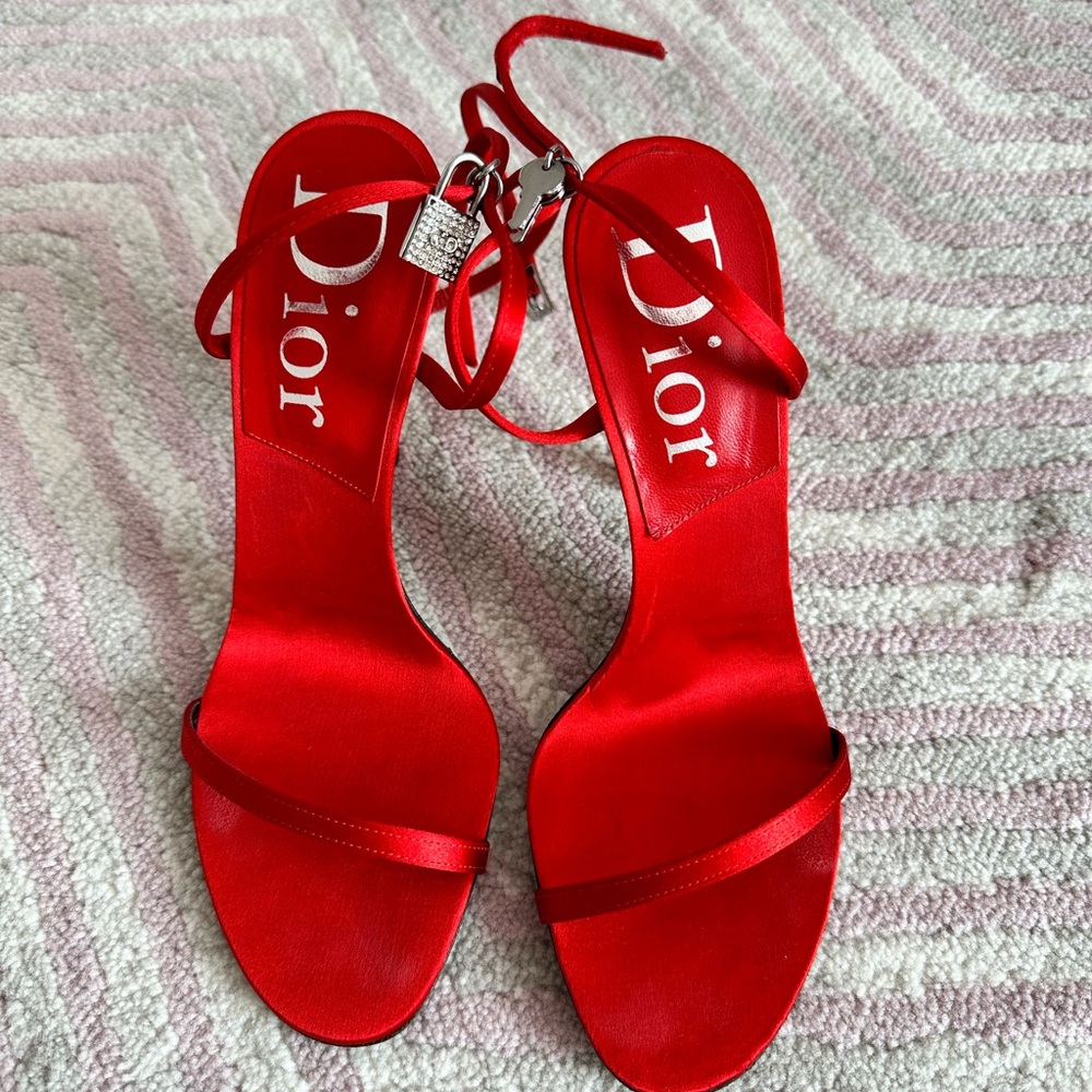 Dior high heel strap satin sandals in red. Very good condition. Size 5.5